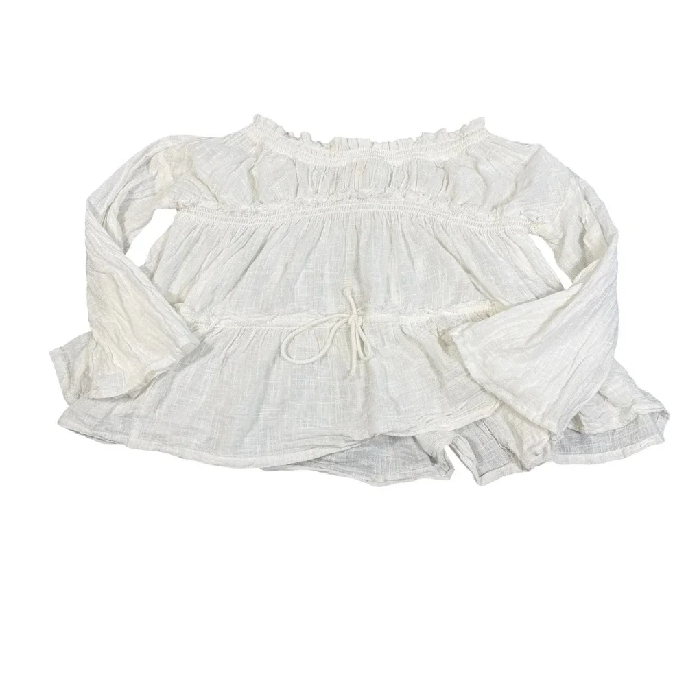 Free People‎ Peasant Top S Ivory Cotton Gauze Off Shoulder Bell Sleeve Boho
